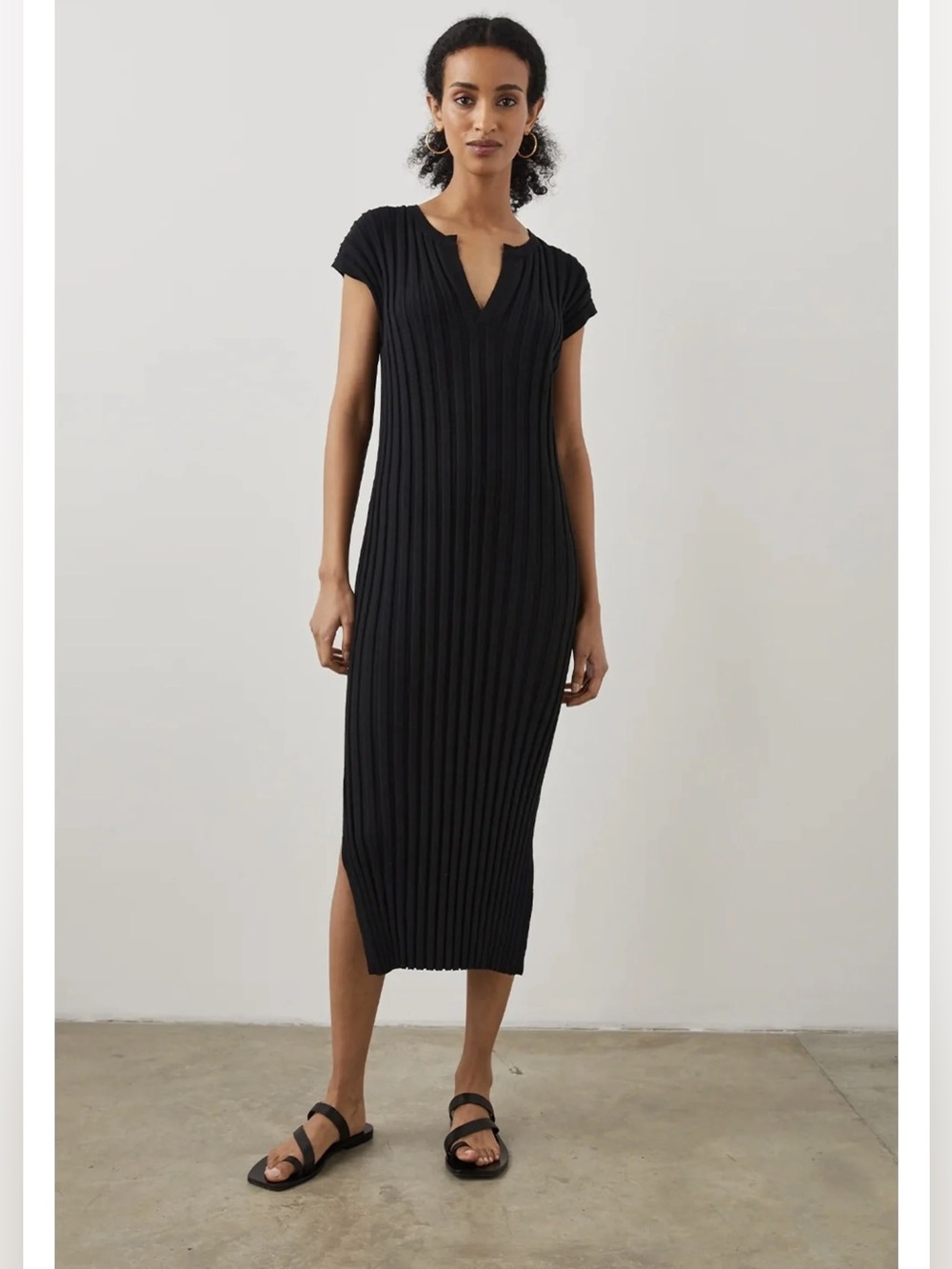 Rails Ashley Dress Small Black Ribbed Super Stretchy Notch Neck Cup Sleeve Fall
